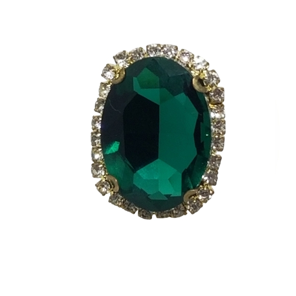 VINTAGE GOLDTONE EMERALD GREEN RHINESTONE & WHITE RHINESTONE ADJUSTABLE RING - Picture 3 of 5
